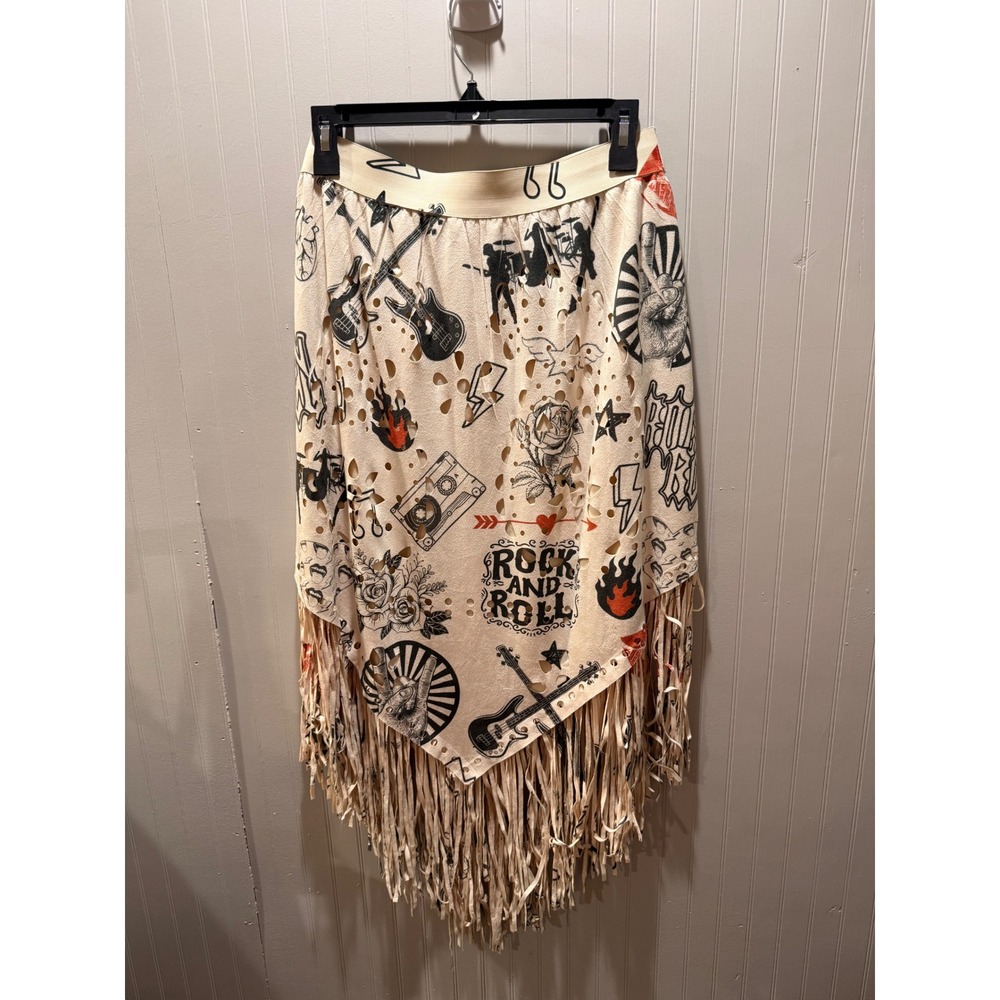 Origami by Vivien Rock‎ and Roll Fringe Skirt Cream Faux Suede Laser Cut Large